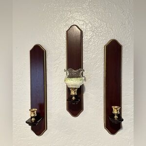 Vintage Home interiors Cherry Wood and brass sconces Candle stick holders